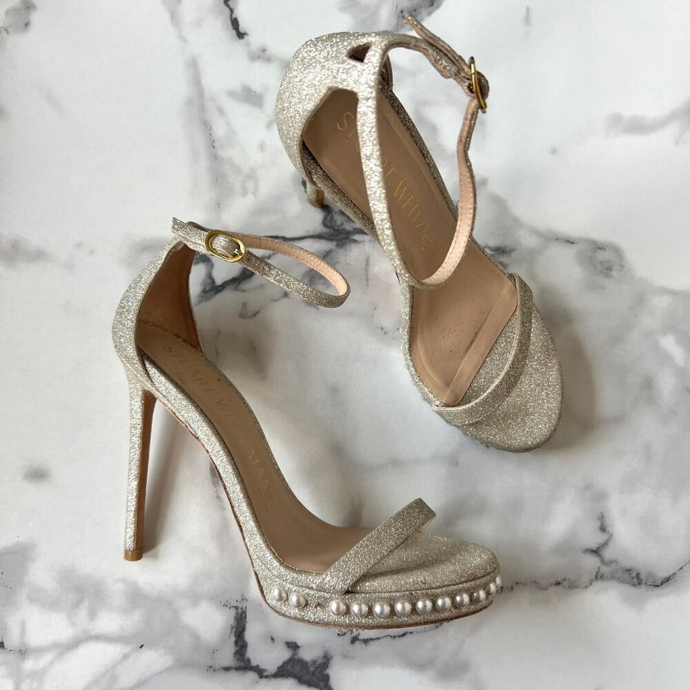 Stuart Weitzman Nudist Disco Pearl Gold Glitter Heels